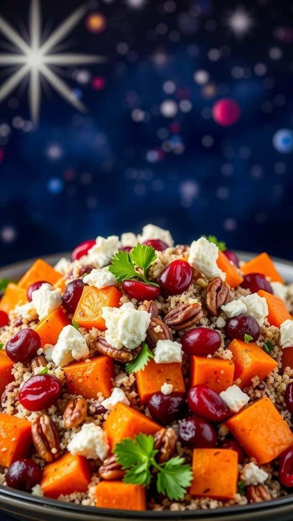 Christmas Love in Deep Space A colorful Christmas salad with sweet potatoes, cranberries, and quinoa, garnished with feta and parsley, in a deep space setting.